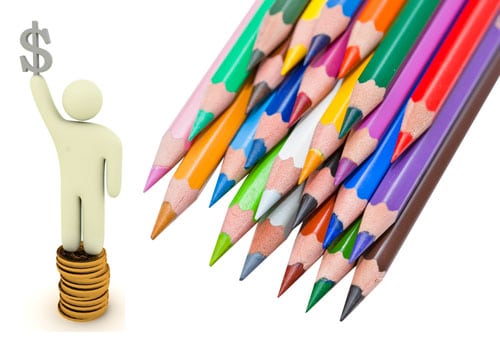 Vender diseño gráfico: lápices de colores con muñeco sobre monedas sosteniendo un dolar